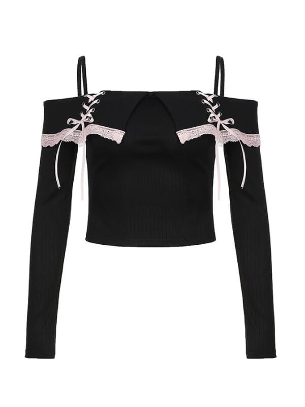 Black Ribbon Lace Top - long sleeve tops