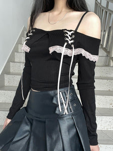 Black Ribbon Lace Top - long sleeve tops