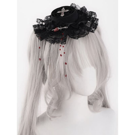 Black Rosette Bowknot Mini with Red Beads Hat - Black