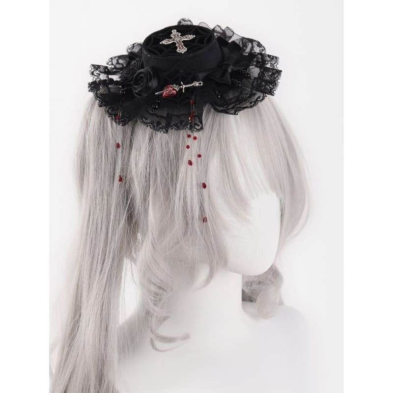 Black Rosette Bowknot Mini with Red Beads Hat - Black