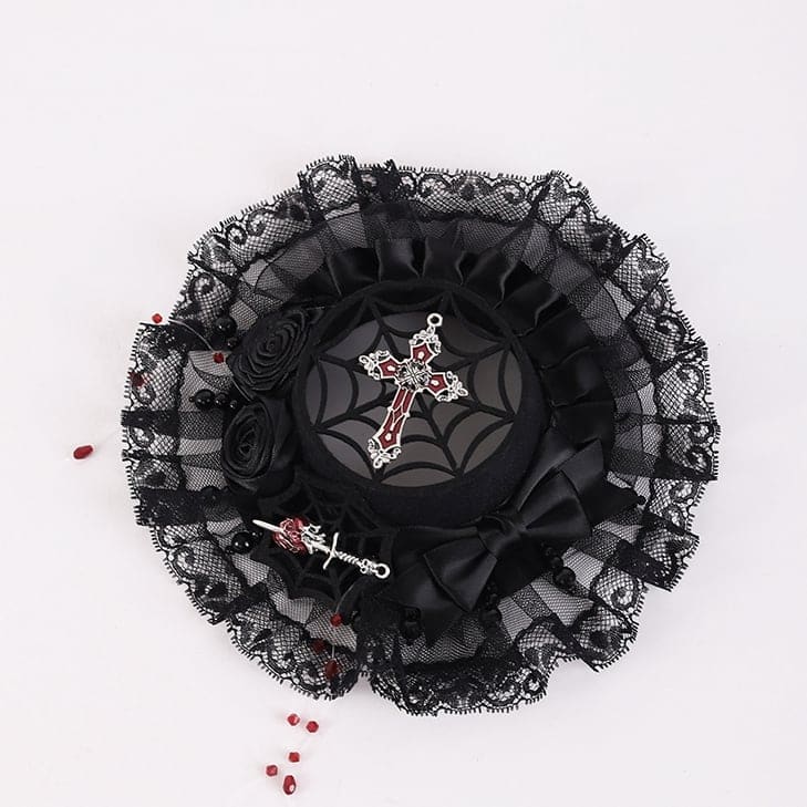 Black Rosette Bowknot Mini with Red Beads Hat - Black