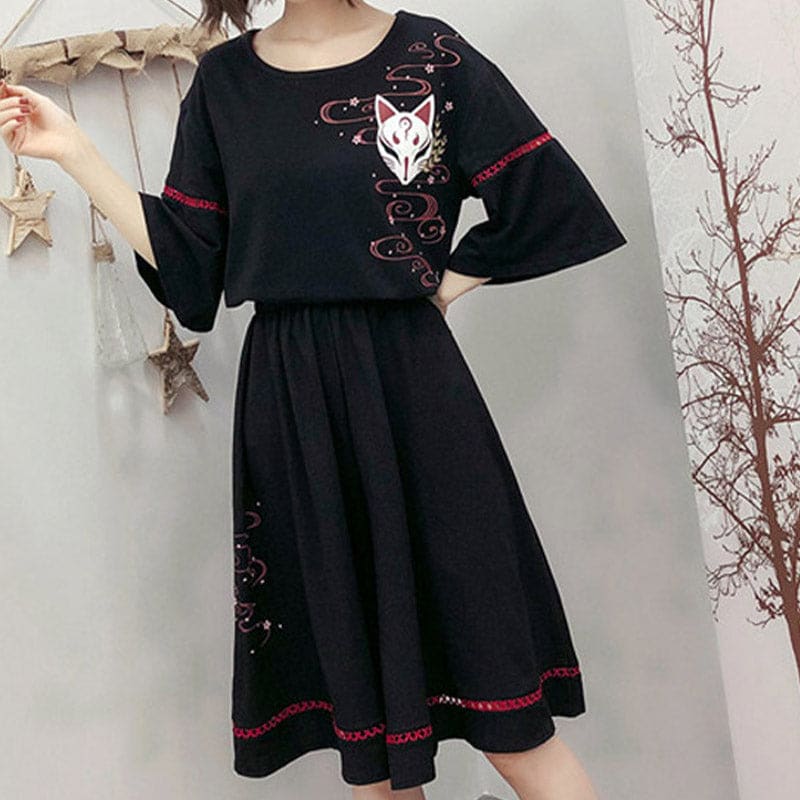 Black Sakura Fox Print Lace Up T-Shirt Wide Leg Pants