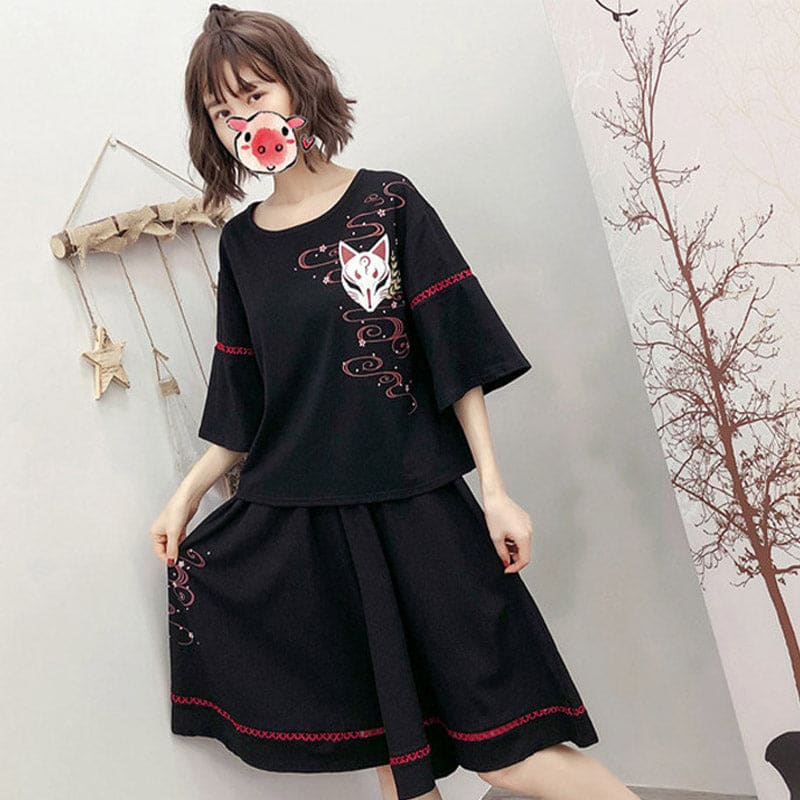 Black Sakura Fox Print Lace Up T-Shirt Wide Leg Pants