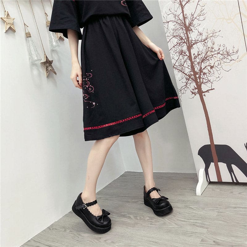 Black Sakura Fox Print Lace Up T-Shirt Wide Leg Pants