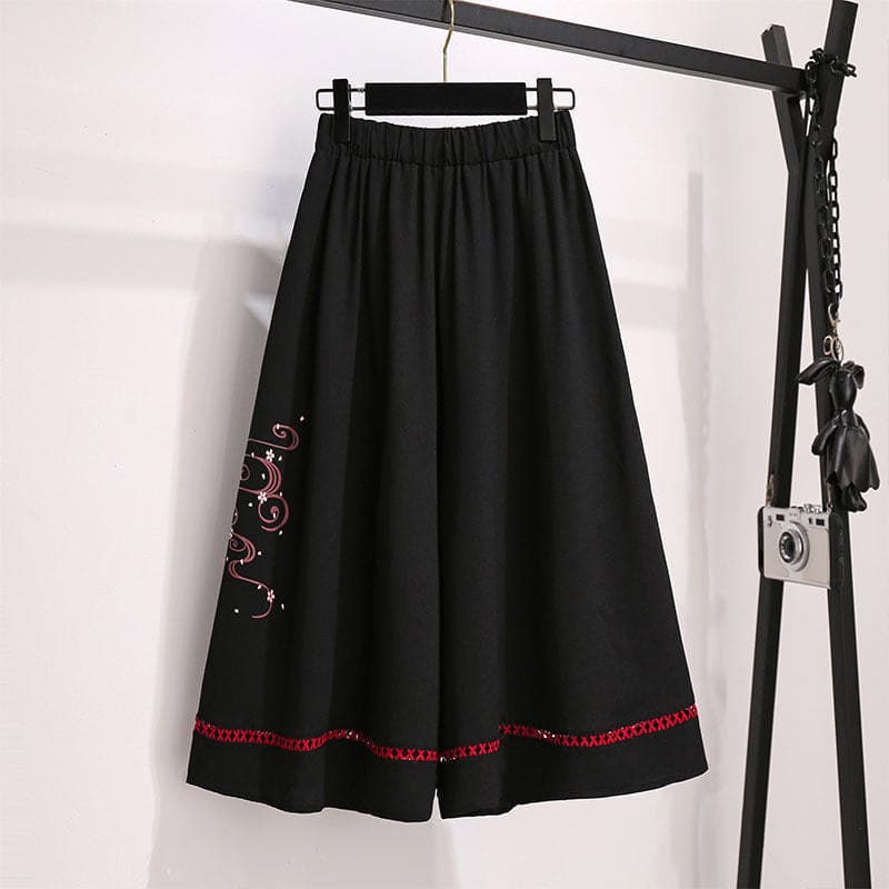 Black Sakura Fox Print Lace Up T-Shirt Wide Leg Pants