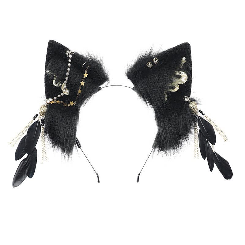 Black Snake Feather Wolf Ears Furry with Chain Headband