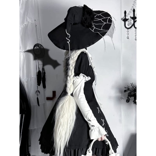 Black Spider Web Halloween Witch Hat - Black