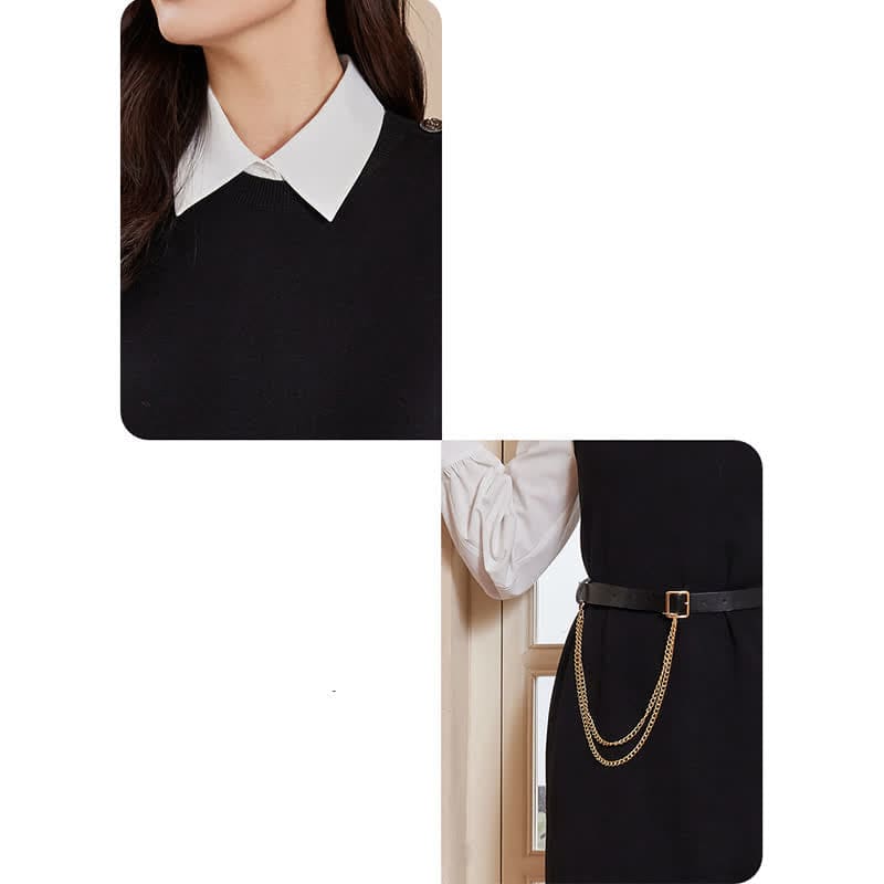 Black Split Knit Vest Lapel Shirt Dress Set With Belt