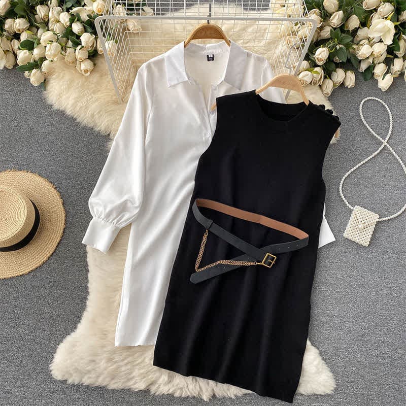 Black Split Knit Vest Lapel Shirt Dress Set With Belt