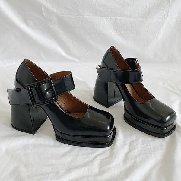 Black Square Mary Jane Heels - Shoes