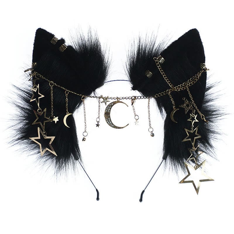 Black Star Moon Chain Fox Ears Furry Headband - Black