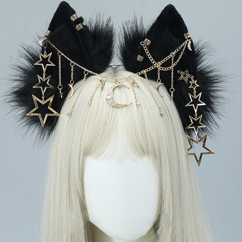 Black Star Moon Chain Fox Ears Furry Headband - Black