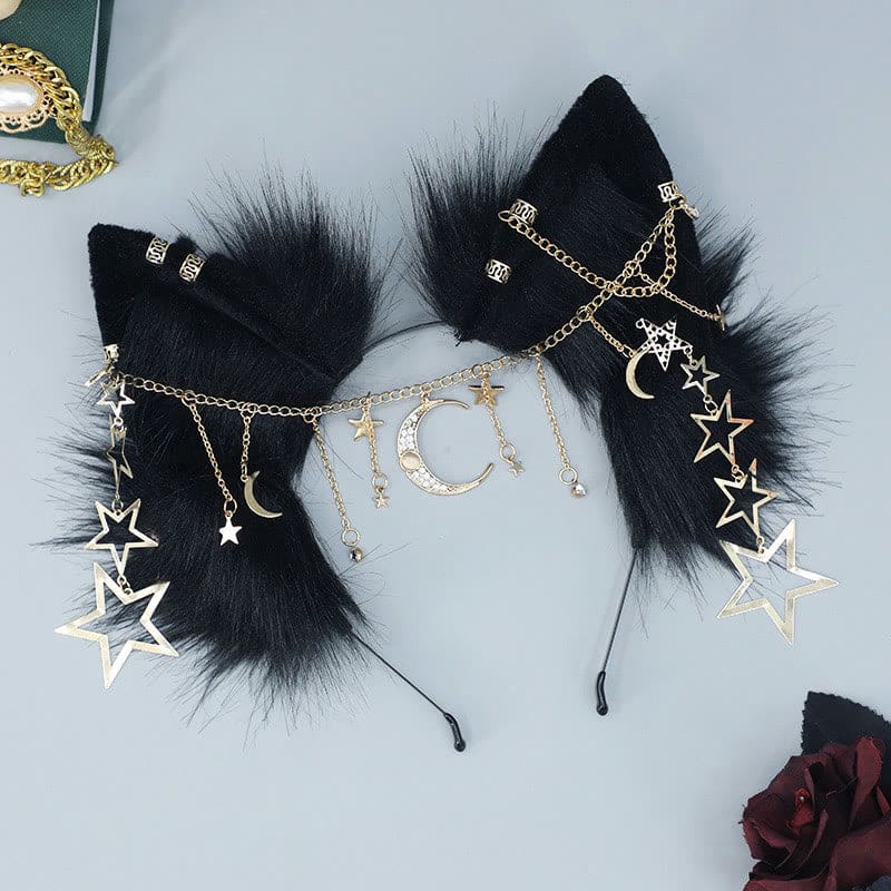 Black Star Moon Chain Fox Ears Furry Headband - Black