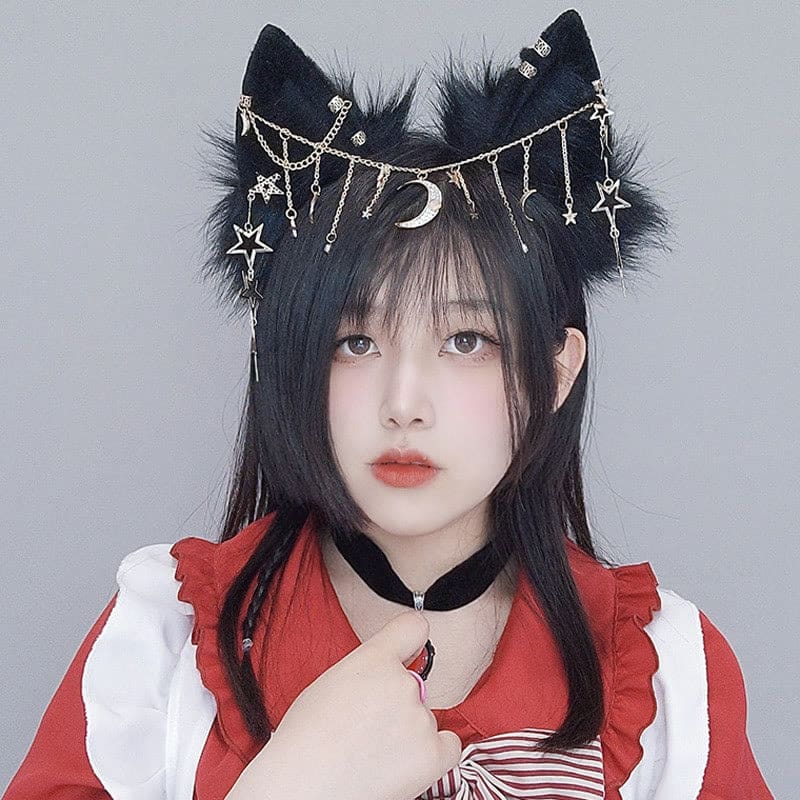 Black Star Moon Chain Fox Ears Furry Headband - Black