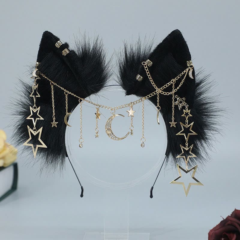 Black Star Moon Chain Fox Ears Furry Headband - Black