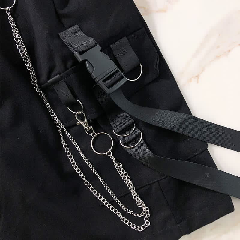 Black Strap Chain Tie Lapel T-Shirt Wide Leg Cargo Shorts