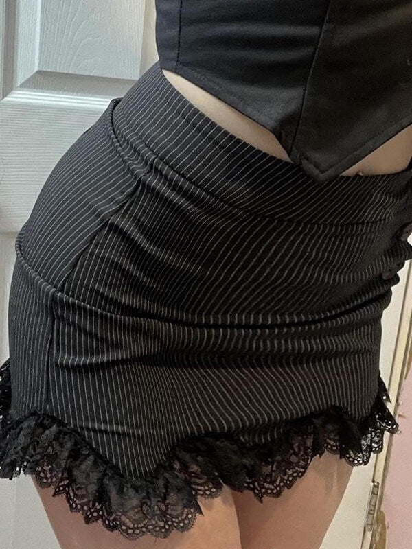 Black Stripes Lace Wrapped Skirt - mini skirts