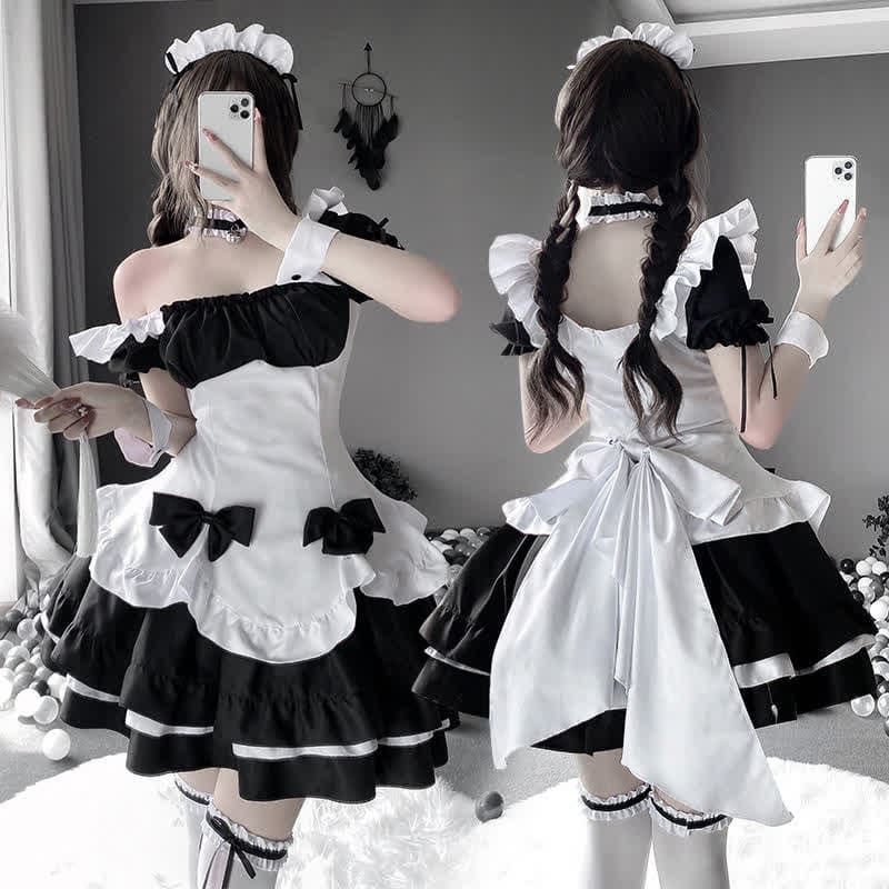 Black Sweet Off Shoulder Bow Knot Lace Up Maid Dress