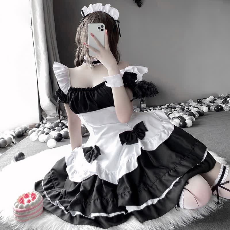 Black Sweet Off Shoulder Bow Knot Lace Up Maid Dress