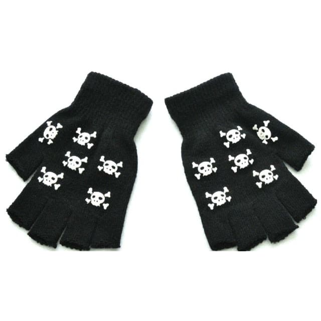 Black Warm Knitting Half Finger Skeleton Head Print Gloves