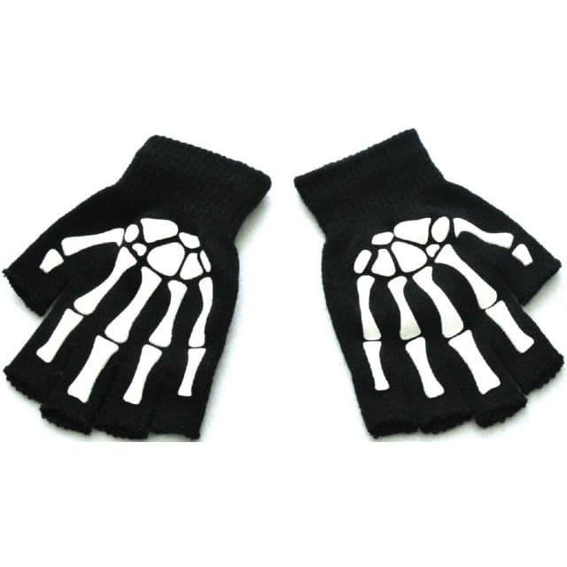 Black Warm Knitting Half Finger Skeleton Head Print Gloves