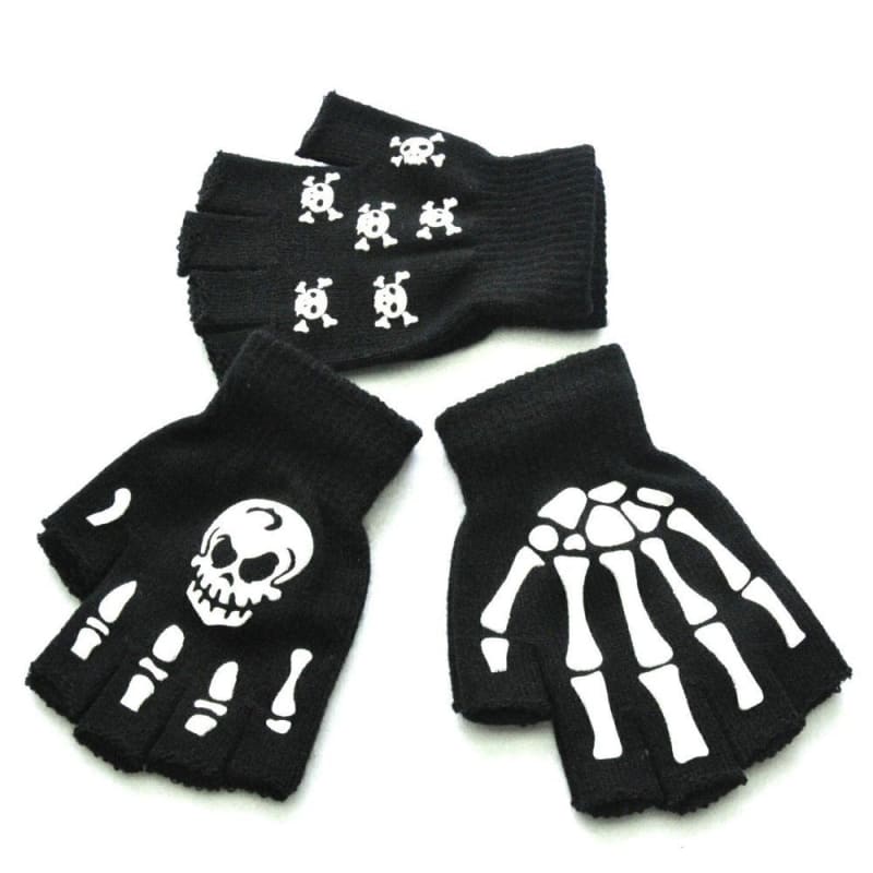 Black Warm Knitting Half Finger Skeleton Head Print Gloves