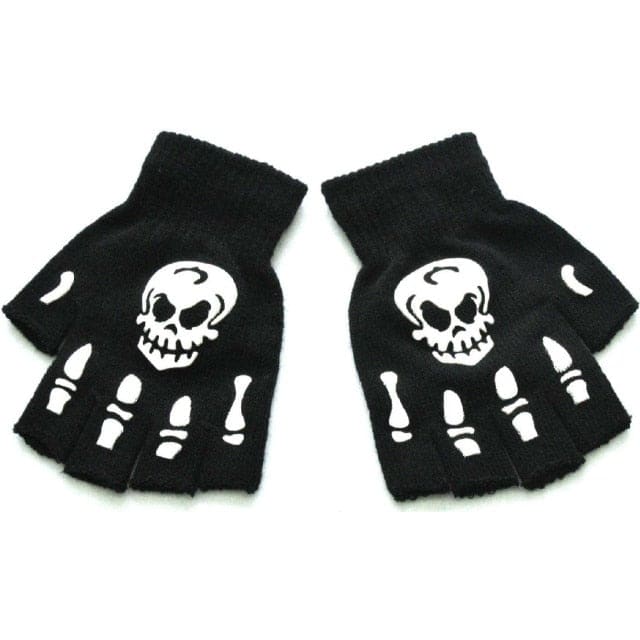 Black Warm Knitting Half Finger Skeleton Head Print Gloves