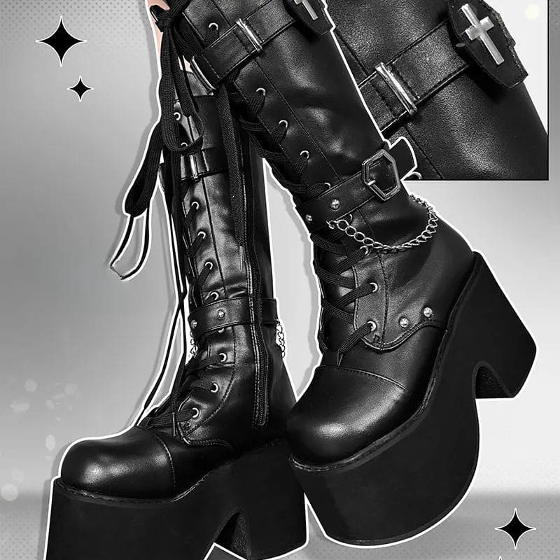 Kawaii Aesthetic Y2K Cute Fairy Black White Cross Boots ON1418 MK Kawaii Store