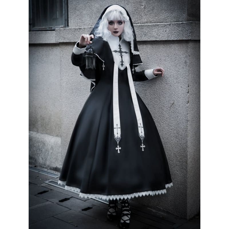 Black White Cross Embroidery Lolita Cape Dress Set