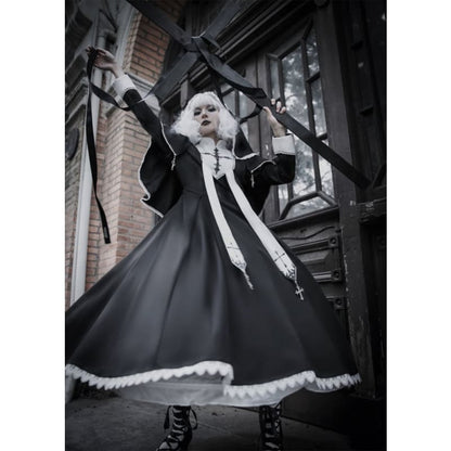 Black White Cross Embroidery Lolita Cape Dress Set