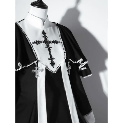 Black White Cross Embroidery Lolita Cape Dress Set