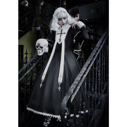 Black White Cross Embroidery Lolita Cape Dress Set