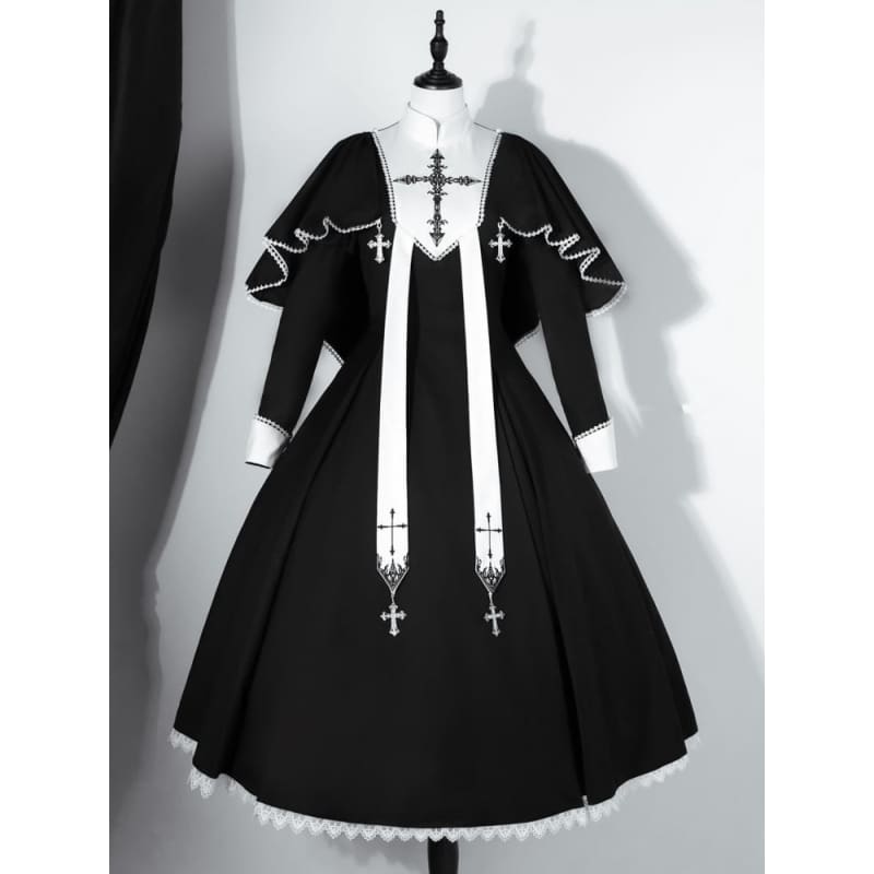 Black White Cross Embroidery Lolita Cape Dress Set