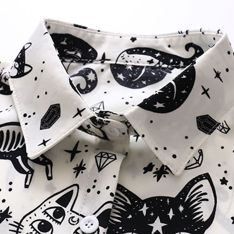 Black White Kitty Print Lapel Chiffon Shirt