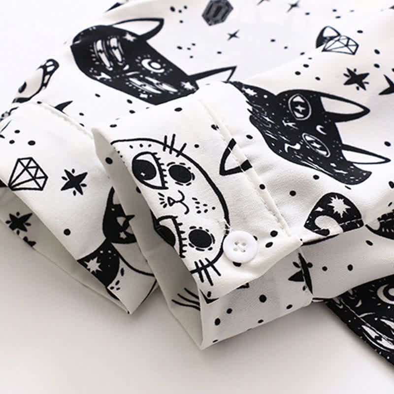 Black White Kitty Print Lapel Chiffon Shirt