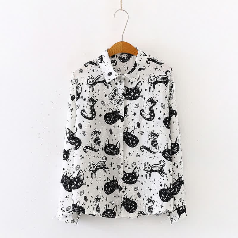 Black White Kitty Print Lapel Chiffon Shirt - White / M