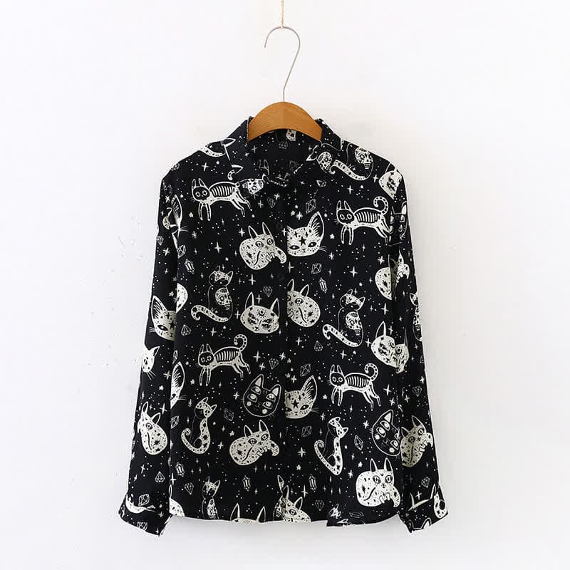 Black White Kitty Print Lapel Chiffon Shirt - Black / M