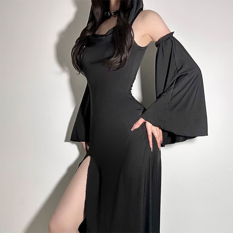 Black Witch Sleeveless Hooded Split Dress - Black / One Size