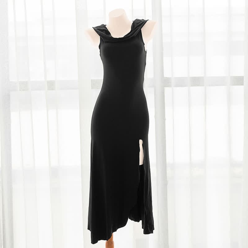 Black Witch Sleeveless Hooded Split Dress - Black / One Size