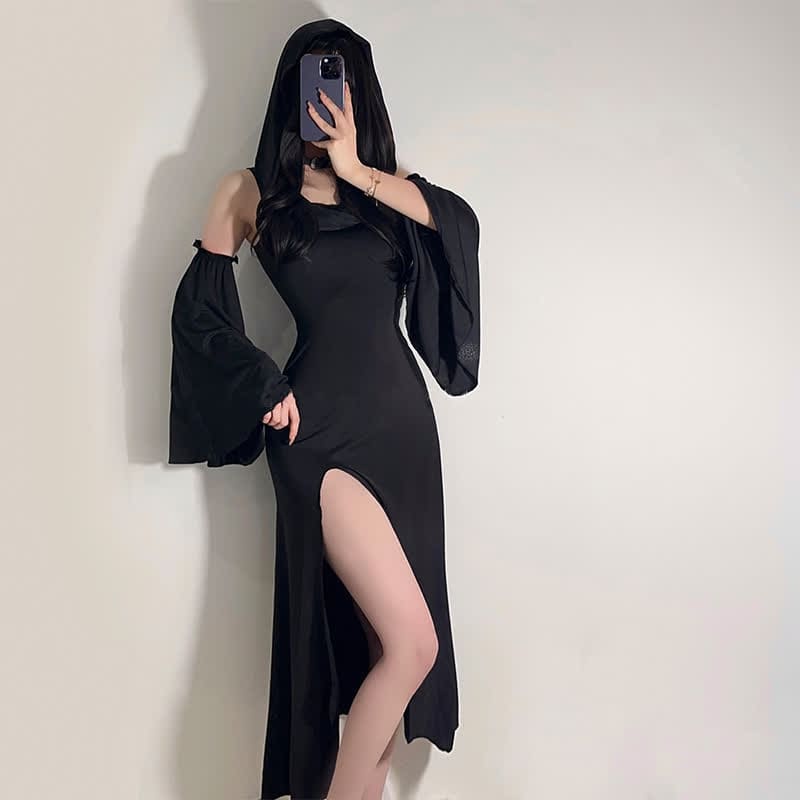 Black Witch Sleeveless Hooded Split Dress - Black / One Size