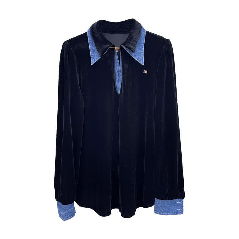 Black with Blue Collar Fake Lapel Shirt - Black / M