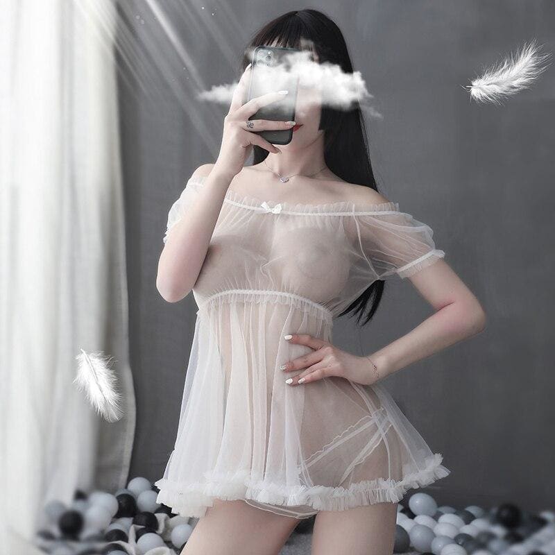 Black/White Slash Neck Ruffle Bow Mesh Gauze Sheer