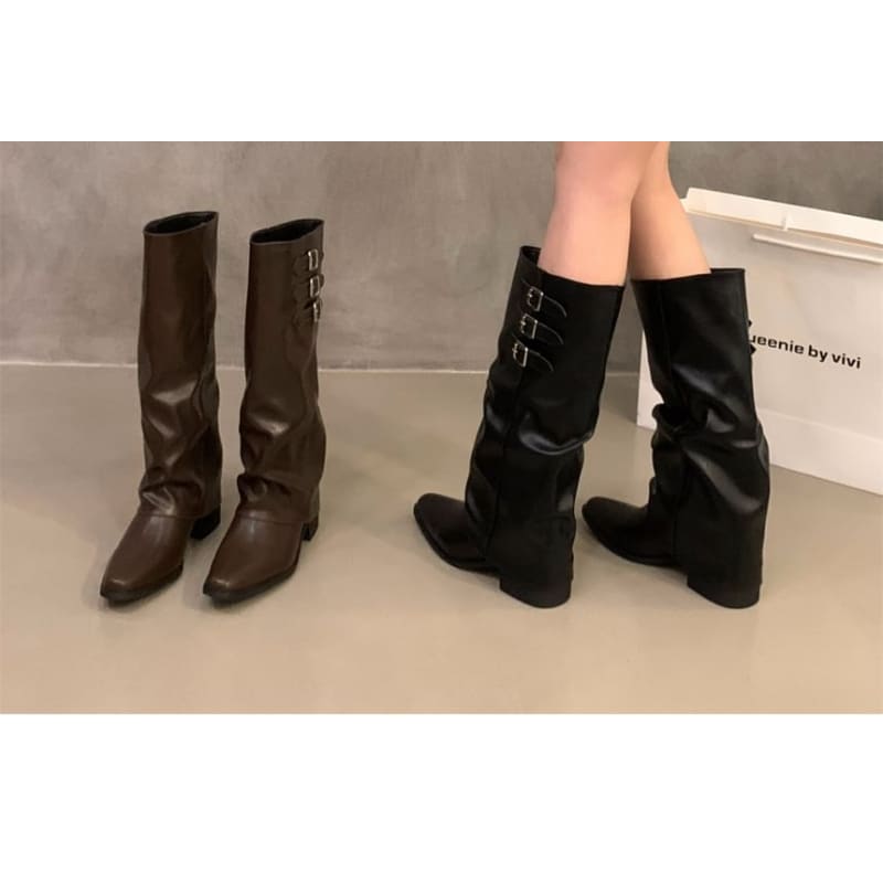 Block Heel Adjustable Buckled Tall Boots