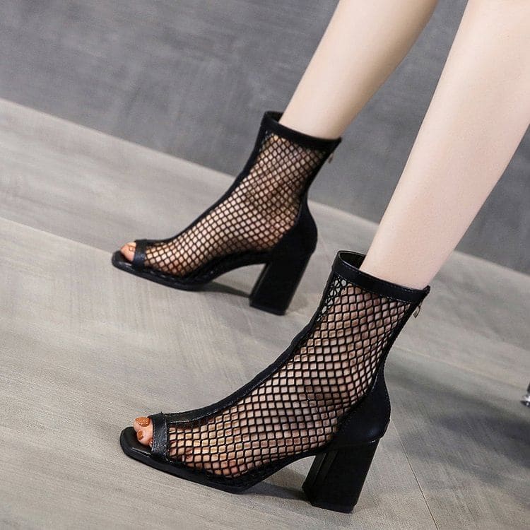 Block Heel Fishnet Short Boots