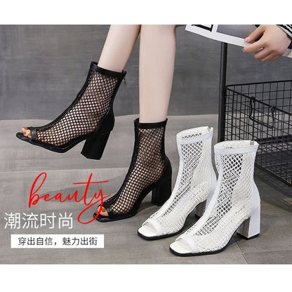 Block Heel Fishnet Short Boots