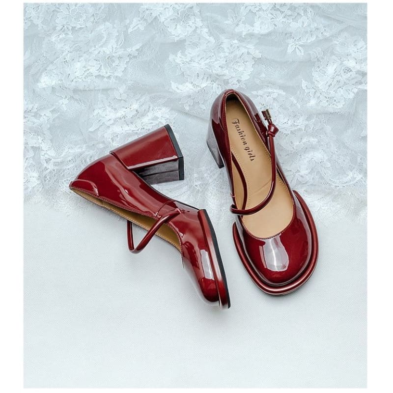 Block Heel Patent Mary Jane Pumps