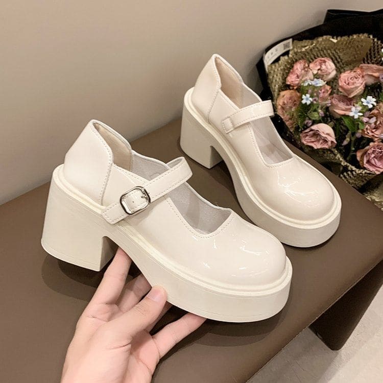 Block Heel Platform Plain Mary Jane Pumps