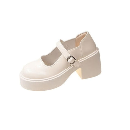 Block Heel Platform Plain Mary Jane Pumps - Off-White / 35