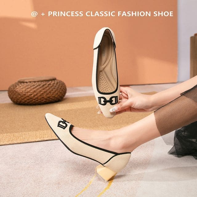 Block Heel Pointy Buckled Pumps - Almond / 34