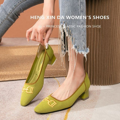 Block Heel Pointy Buckled Pumps - Green / 34